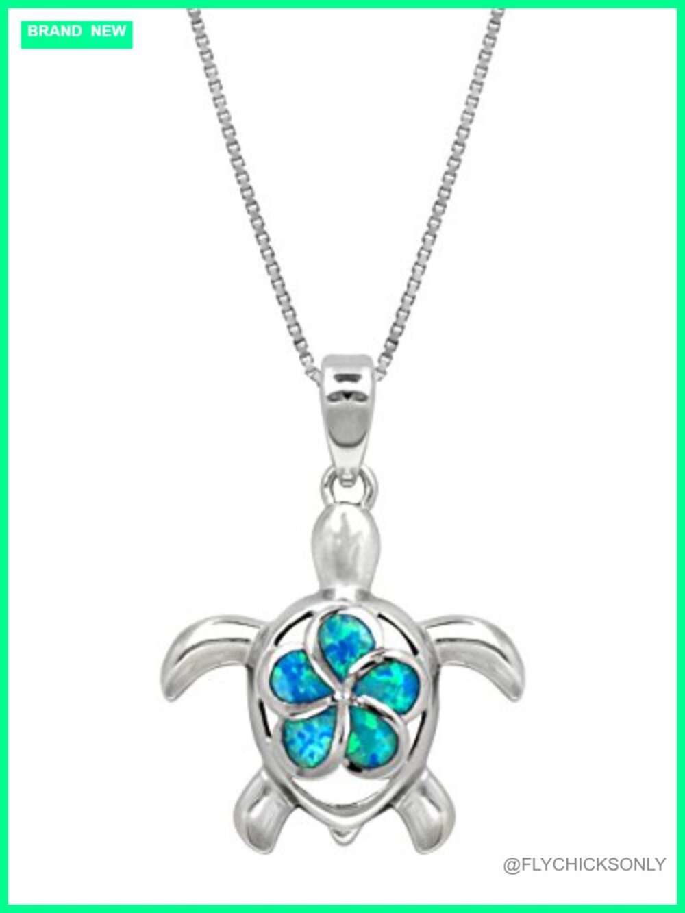 Sterling Silver Turtle Necklace Simulated Blue Opal Plumeria Pendant